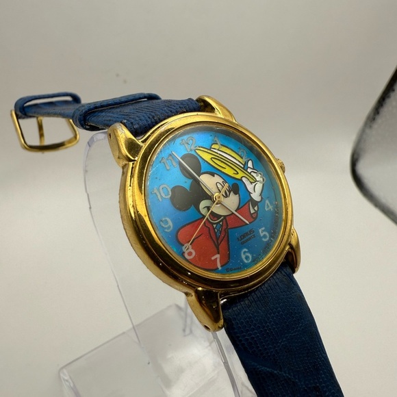 Disney Lorus Mickey Mouse Yellow Hat Watch Rare (New Battery) Blue Band Gold Bez - Picture 4 of 10